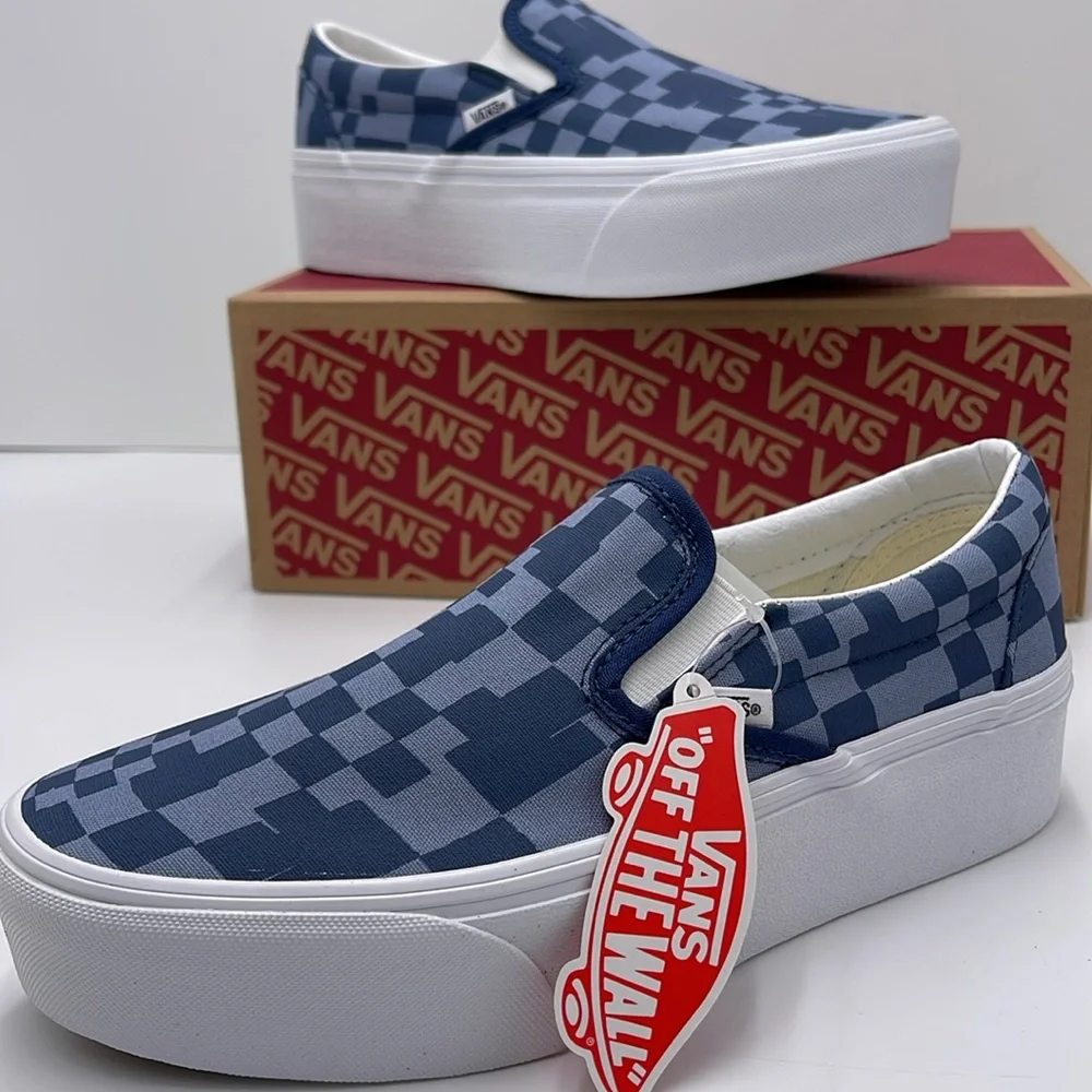 Vans WMNS Blue Checkered Classic Slip-On Sneakers Platforms Multi Check Blue